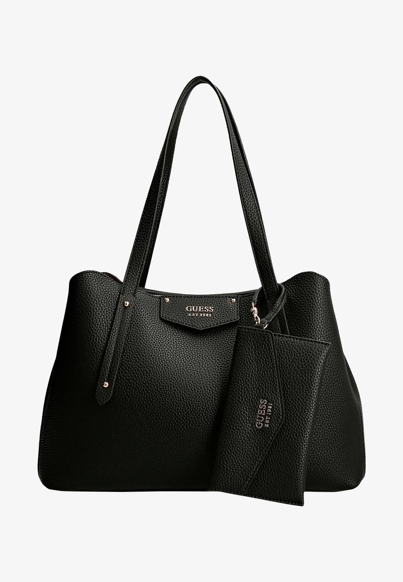 Czarna torebka typu tote o teksturowanej powierzchni wykonana z materiału syntetycznego. Posiada podwójne uchwyty oraz odpinaną kieszeń z akcentem logo z przodu.