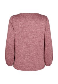 Vista posteriore di un maglione rosa a maniche lunghe, con texture, collo arrotondato e maniche leggermente arricciate.
