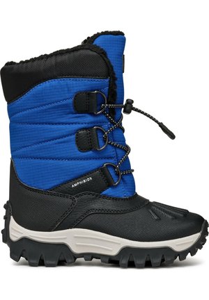 Botte d'hiver isolée noire et bleue avec semelle robuste, lacets à cordon réglable et doublure en polaire pour une protection contre le froid.
