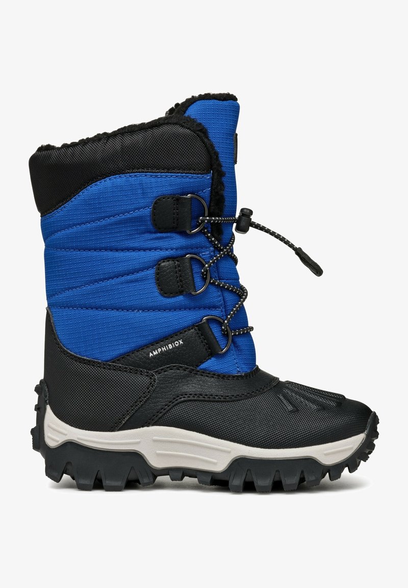 Botte d'hiver isolée noire et bleue avec semelle robuste, lacets à cordon réglable et doublure en polaire pour une protection contre le froid.