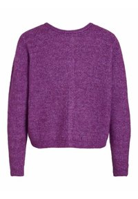 Pull long violet en maille avec un col rond et des poignets et un ourlet côtelés, vu de dos.