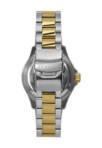 Stålur med sølv- og guldbånd, med børstet overflade og polerede guldaccent. Spænde gravert med "SEIZMONT."