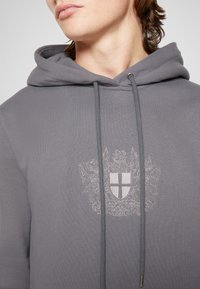 Personne portant un sweat à capuche gris avec cordons et un emblème détaillé de blason comprenant un bouclier et des éléments décoratifs.