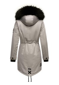 Light gray parka with a black fur-lined hood, cinched waist, and a drawstring hem. Features a smooth texture and snap-button accents on sleeves.
