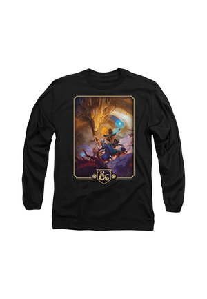 Black long-sleeve shirt with colorful fantasy artwork showing adventurers battling a large golden dragon with magic spells and weapons.