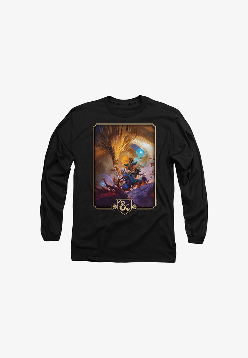 Black long-sleeve shirt with colorful fantasy artwork showing adventurers battling a large golden dragon with magic spells and weapons.