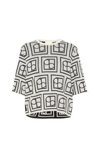 Sort-hvid mønstret kortærmet top med rund halsudskæring, som har geometriske design og en løs pasform. Lavet af åndbart stof.