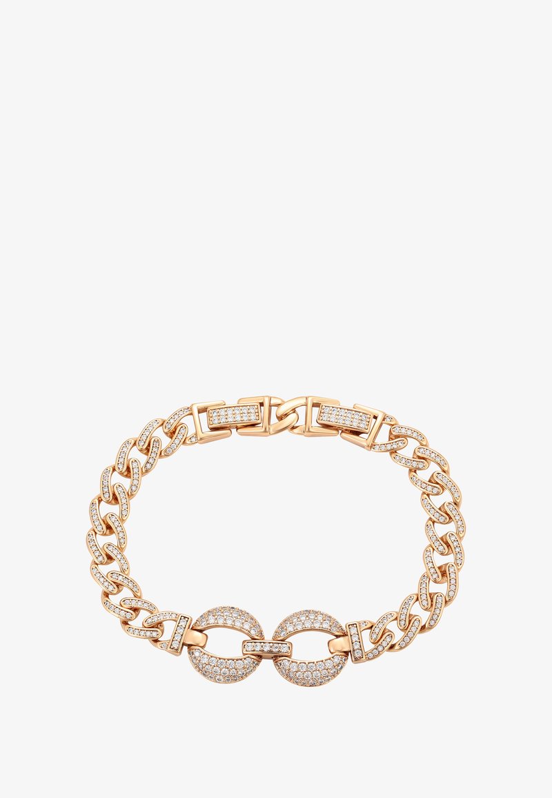 Rózsaarany lánc karkötő két nagy kör alakú gyűrűvel és apró láncokkal, mindegyik apró fehér gyémántokkal díszítve.