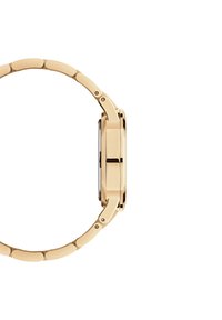 Reloj dorado con una pulsera lisa y redondeada y una caja rectangular. Presenta un acabado pulido y ganchos laterales para su sujeción.
