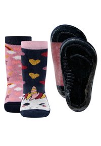 Skarpety z kolorowymi wzorami: jedna z jednorożcami i sercami w granatowym, różowym i żółtym; teksturowane podeszwy dla lepszej przyczepności; średnia wysokość.