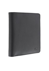 Portefeuille en cuir noir à texture lisse, design plié, avec un logo embossé dans le coin inférieur droit. Les bords sont soigneusement cousus.