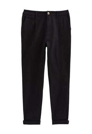 Pantalon noir slim avec poches avant, passants pour ceinture, fermeture par bouton et ourlets retroussés.