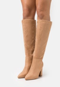 Botas de caña alta en un tono marrón claro, hechas de suave ante, con punta afilada y tacón grueso, y un acabado liso y texturizado.