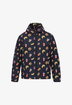 Laivastonsininen takki, jossa on leikkisä ruokalista, joka sisältää hampurilaisia, jäätelöitä ja juomia. Varustettu hupulla ja edessä vetoketjulla.