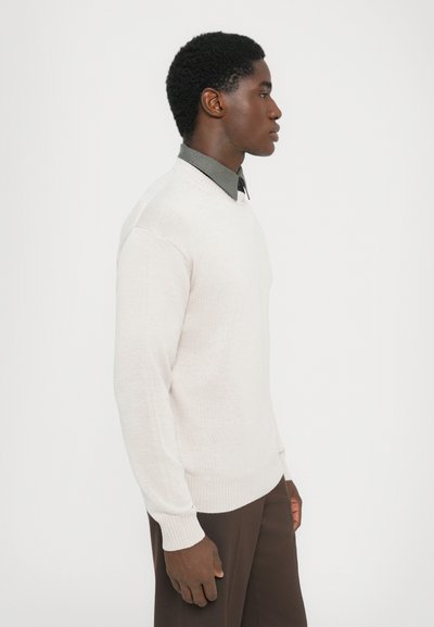 Light gray lightweight sweater with a V-neck, ribbed cuffs, and hem, worn over a dark collared shirt, displayed on a side profile.