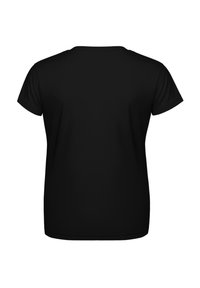 Camiseta negra de manga corta, con cuello redondo, hecha de un tejido suave, presenta un diseño simple sin logotipos ni patrones visibles en la parte trasera.