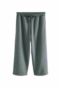 Pantalones de chándal de mezcla de algodón, de longitud a la rodilla, con un ajuste relajado en verde apagado, con cintura elástica y cordón. Presenta bolsillos laterales y una textura suave.
