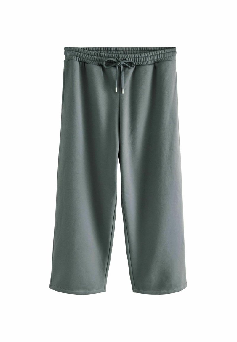 Pantalones de chándal de mezcla de algodón, de longitud a la rodilla, con un ajuste relajado en verde apagado, con cintura elástica y cordón. Presenta bolsillos laterales y una textura suave.