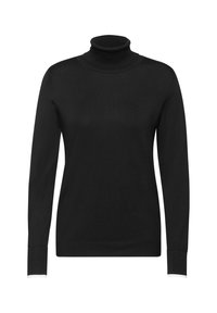 Svart polotröja i slät stickad kvalitet, med långa ärmar, figurnära design och kontrasterande vita detaljer vid ärmsluten.