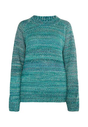 Maglione a collo rotondo in maglia grossa con maniche lunghe, in tonalità variabili di teal e blu.