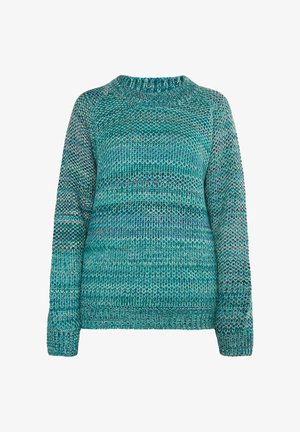 Gruby sweter z okrągłym dekoltem i długimi rękawami w zróżnicowanych odcieniach teal i niebieskiego.