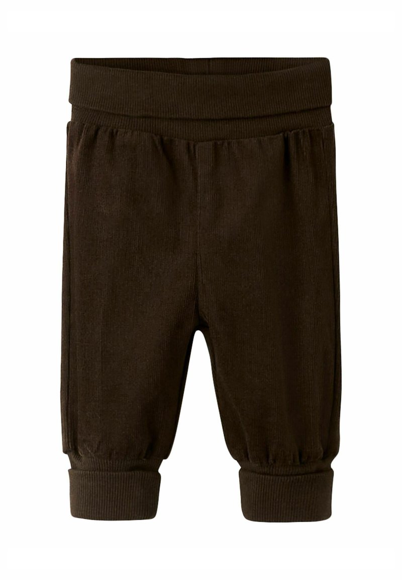 Ciemnobrązowe spodnie z kordurowej tkaniny z żeberkowym pasem, ściągaczami przy nogawkach i pionowymi liniami, zaprojektowane z myślą o komforcie i swobodzie ruchów.