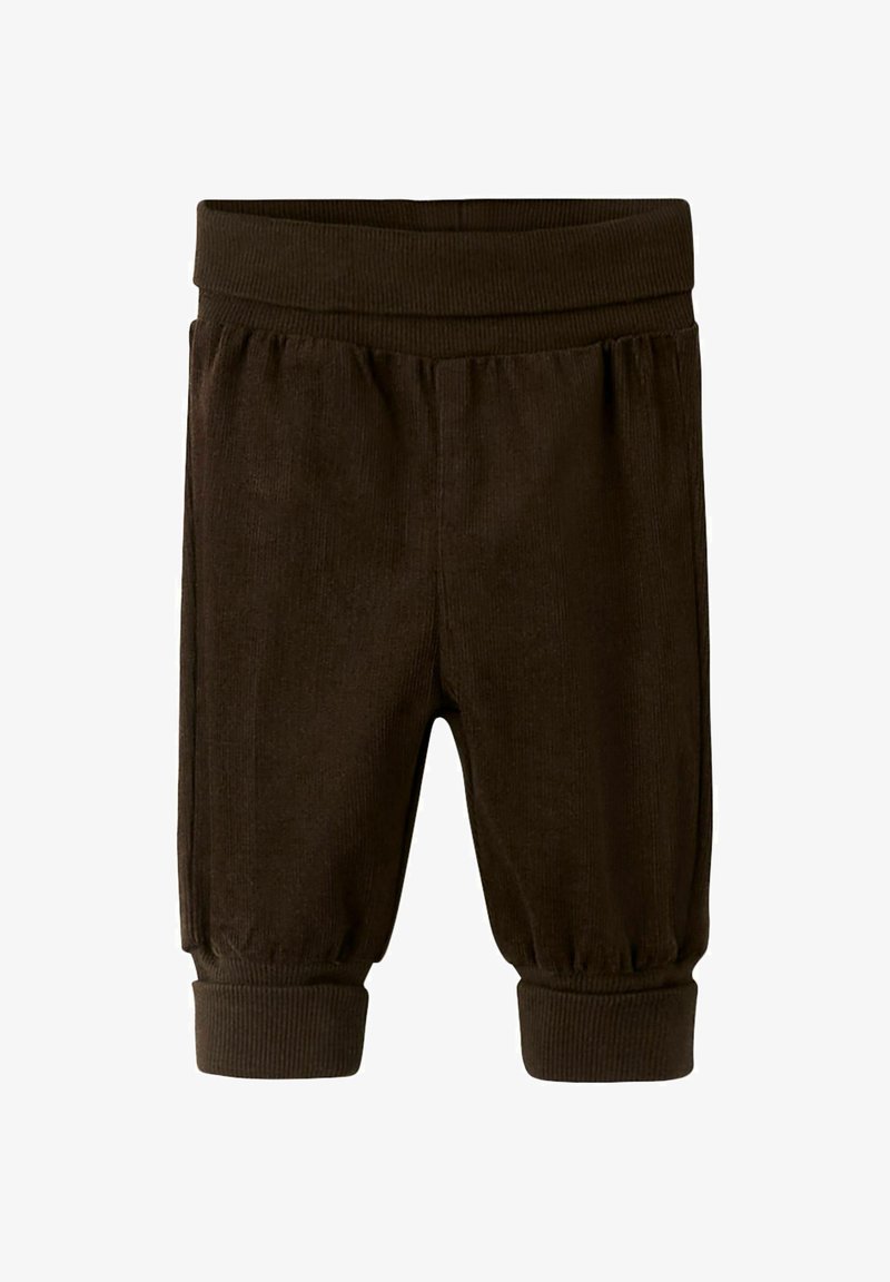 Tmavohnědé kordové kalhoty s vroubkovaným pasem, staženými manžetami a vertikálními pruhy, navržené pro komfort a snadný pohyb.