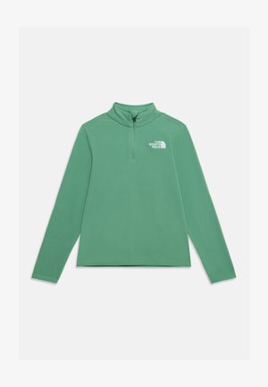 Zielona bluza polarowa z długim rękawem, suwakiem do ćwiartki, wysokim kołnierzem i białym logo The North Face na lewej piersi.