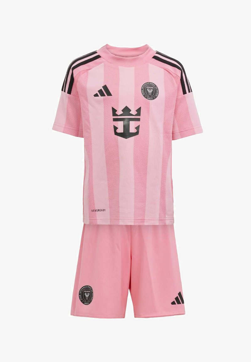 Pink soccer kit featuring a stripe design, short sleeves, black accents, and logo on the chest. Made with lightweight, breathable fabric.