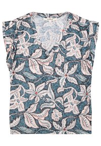 Korte mouwen blouse met bloemenprint en een V-hals ontwerp, in blauwe, witte en rode tinten, met gestructureerde stof en geplooide schouders.