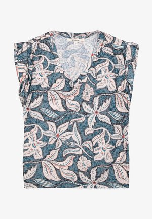 Korte mouwen blouse met bloemenprint en een V-hals ontwerp, in blauwe, witte en rode tinten, met gestructureerde stof en geplooide schouders.