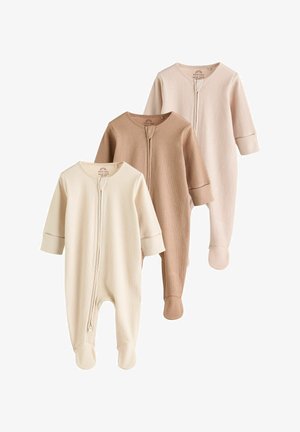 Tre ribbede baby-leddress i creme, tan og lys pink, hver med lange ærmer og frontlynlåse.