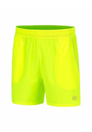 Shorts de sport jaune vif avec une taille élastique et un petit logo près de l'ourlet sur la jambe droite.