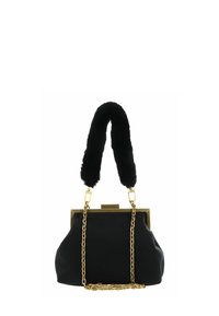 Sac à main noir avec une poignée en peluche noire, des ferrures dorées et une bandoulière chaîne. Texture douce, forme arrondie et design corporel structuré.