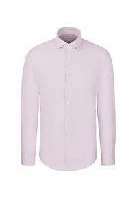 Chemise homme à manches longues à fines rayures verticales rouges et blanches, col pointu et poignets boutonnés sur fond blanc.