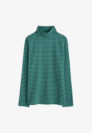 Długi rękaw golf wykonany z miękkiego materiału, w poziome paski w kolorze turkusowym i szarym, z złożonym kołnierzem i luźnym krojem.