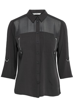 Zwart shirt met lange mouwen, transparant bovenpaneel, knopen aan de voorkant, borstzakken met ritssluiting en metalen ringdetails aan de mouwen.