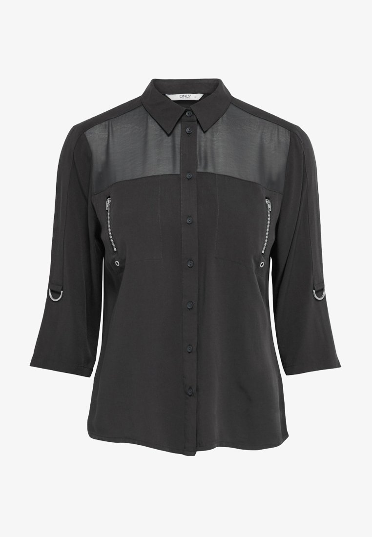 Chemise noire à manches longues avec panneau supérieur transparent, boutonnage devant, poches poitrine zippées et détails en anneaux métalliques sur les manches.