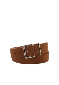 Brown suede belt with a smooth finish, featuring a square metal buckle, multiple adjustment holes, and rounded edges for a clean design.