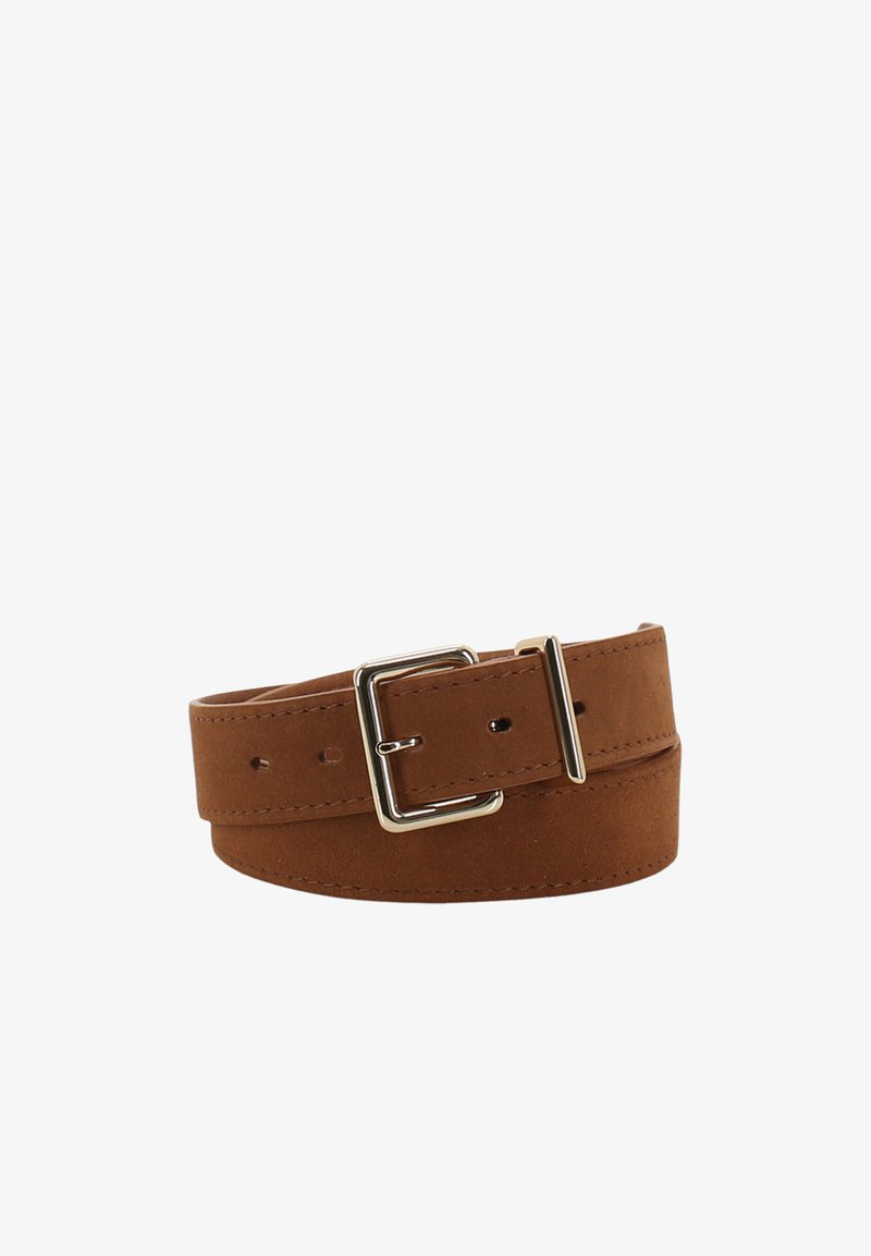 Brown suede belt with a smooth finish, featuring a square metal buckle, multiple adjustment holes, and rounded edges for a clean design.