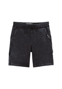 Čierne denimové šortky s elastickým pásom, nastaviteľnou šnúrkou, bočnými vreckami a vyblednutou textúrou.