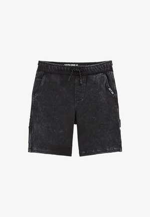 Črne denim kratke hlače z elastičnim pasom, nastavljivim vrvico, stranskimi žepi in zbledelim izgledom.
