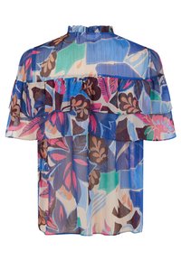 Blouse à manches courtes avec un motif floral multicolore, des couches froncées et un col haut. Fabriquée en tissu léger et transparent.