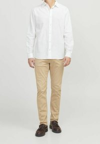 Camicia bianca a maniche lunghe con bottoni, pantaloni beige a gamba dritta e scarpe marroni scure con dettagli a frange. Design semplice, senza motivi visibili.