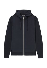 Navy zip-up hoodie with front pockets, featuring a soft fabric and textured knitted sleeves. Includes adjustable drawstrings on the hood.
