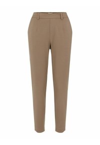 Beige op maat gemaakte broek met een rechte pijp, met een hoge taille en een voornaaddetails, gemaakt van een zachte, gestructureerde stof.