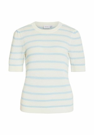 Kratki džemper od pletenine s bijelim i svijetloplavim horizontalnim prugama i okruglim izrezom.