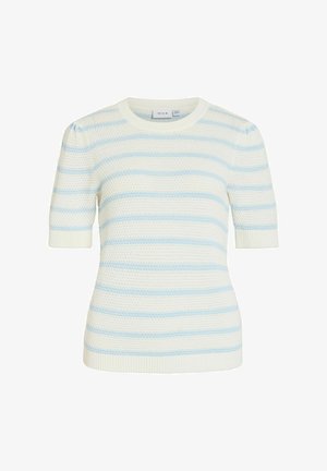Maglione a maniche corte in maglia con righe orizzontali bianche e azzurro chiaro e scollo rotondo.