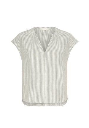Striped blouse in light gray and white. Features a V-neck, cap sleeves, and a relaxed fit with a rounded hem and soft fabric texture.