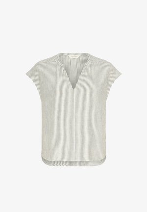 Striped blouse in light gray and white. Features a V-neck, cap sleeves, and a relaxed fit with a rounded hem and soft fabric texture.